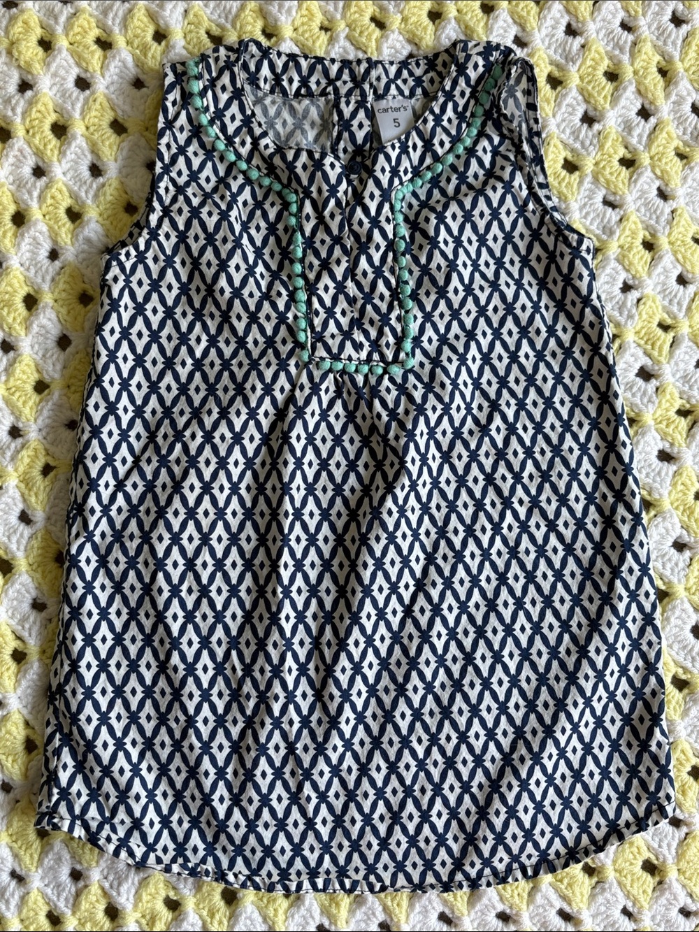 Carter's Girl Tunic Navy White Cotton Sleeveless Mint Crochet Trim Top Size 5 !